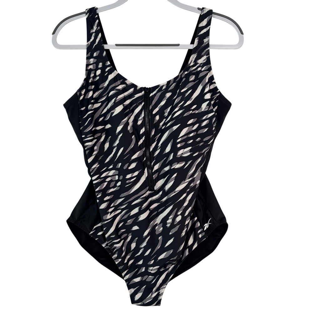 Reebok One Piece Swimsuit Size 14 Black White Abstract Zip Front Sporty Swim